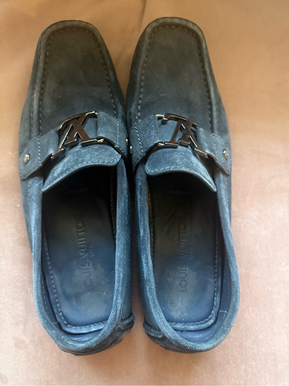 Louis Vuitton Navy Suede Loafers with Gold LV Buckle - Picture 5 of 6